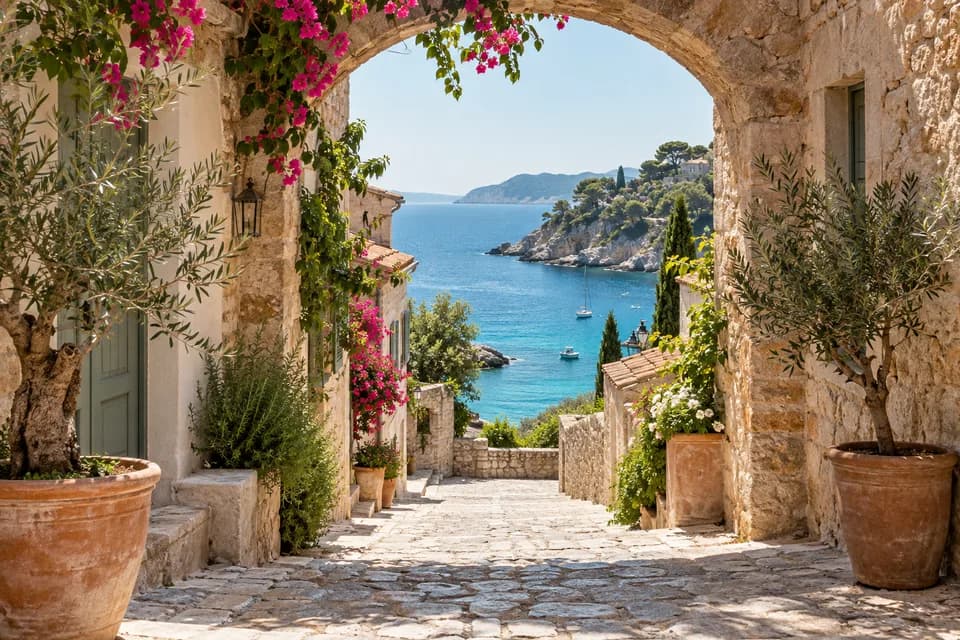 A quiet stone village lane leading toward the sea